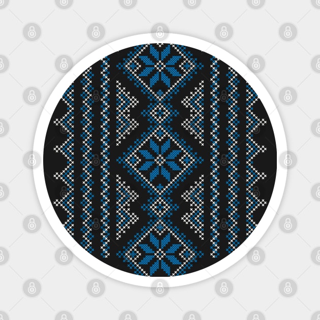 Palestinian Jordanian Realistic Embroidery Pattern #15 - Palestine Traditional Tatreez Cross Stitching Art Blue-White Magnet by QualiTshirt